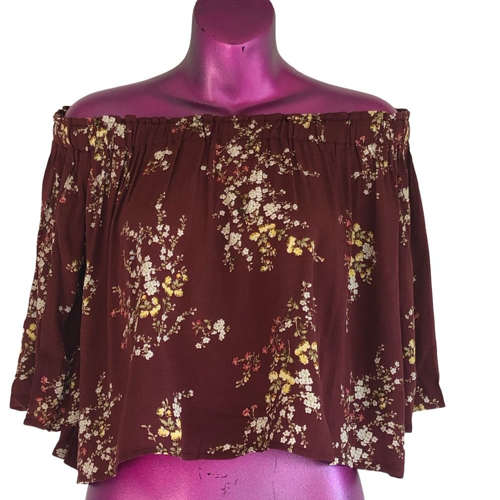 ASTR The Label Maroon Floral Off Shoulder Blouse Top S